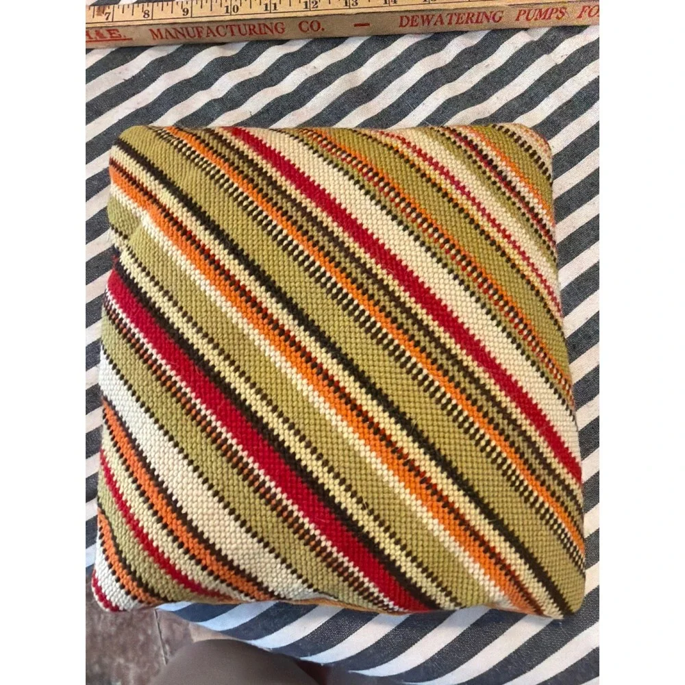 Vintage Handmade Needlepoint Throw Pillow Diagonal Stripe Boho MCM Green Orange